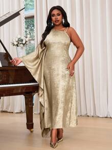 SHEIN Lady 春夏休闲优雅波西米亚风编织露肩编织飘逸斗篷袖蝙蝠袖露背不对称长款束腰连衣裙金属面料烫金面料大码连衣裙度假装女士海滩装女士度假装女士海滩度假装海滩婚礼宾客连衣裙女士春季装