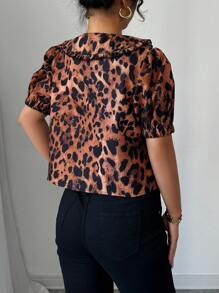Elenzga Peter Pan Collar Single-Breasted Leopard Print Short Sleeve Shirt - Multicolor - View 2