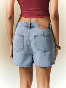 Poéselle Women's Casual Asymmetric Hem Wrap-Style Pre-Washed Front Button Denim Shorts