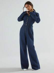 Athîral Bộ đồ liền thân denim tối màu phong cách cao bồi miền Tây dành cho phụ nữ - Màu xanh lam - Xem 3