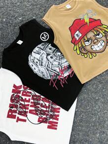 SHEIN 3 件装年轻男孩休闲、可爱、休闲街头、舒适、时尚、简约、实用、百搭、卡通表情印花宽松 T 恤、返校上衣、适合音乐会 - 彩色 - 查看 3