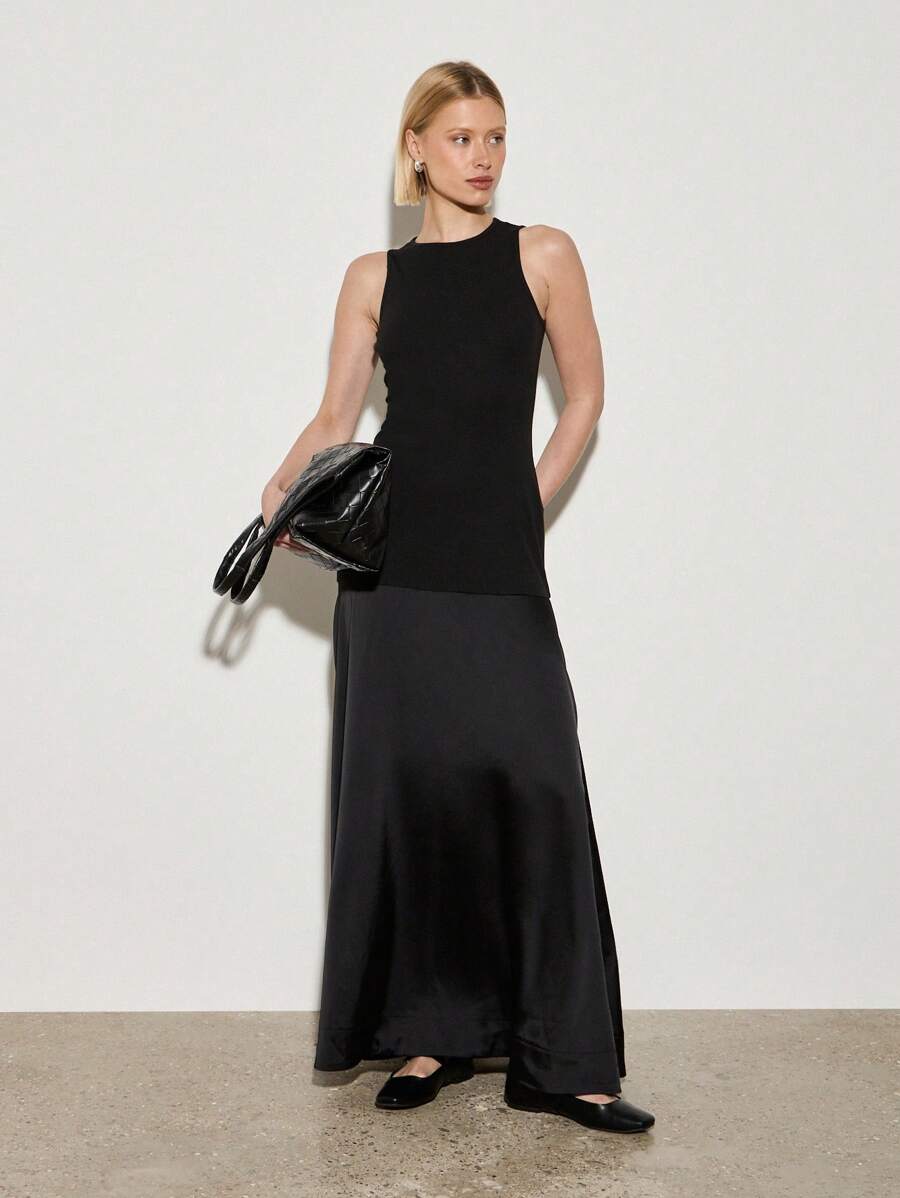AiiRZ Sleek Designer Tank Maxi Dress Formal Evening Gown High Neck Sleeveless Fitted Column Wedding Guest Party Modern Elegant - Black - View 1