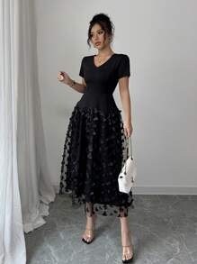 Chiquease Rochie neagră elegantă de damă, de lungime medie, ocazională, simplă și la modă, pentru purtarea zilnică - Negru - Vizualizare 5