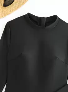 Swim Shayni 3pcs Solid Color Women Burkini Set: Round Neck Long Sleeve Swimsuit Top, Long Swim Bottoms, And Waist Floral Decor Skirt - Black - View 3