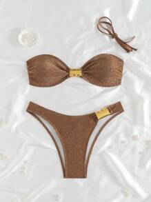 SHEIN Swim 性感闪光面料可拆卸肩带女士比基尼套装泳装套装，夏季海滩度假 - 彩色 - 查看 1