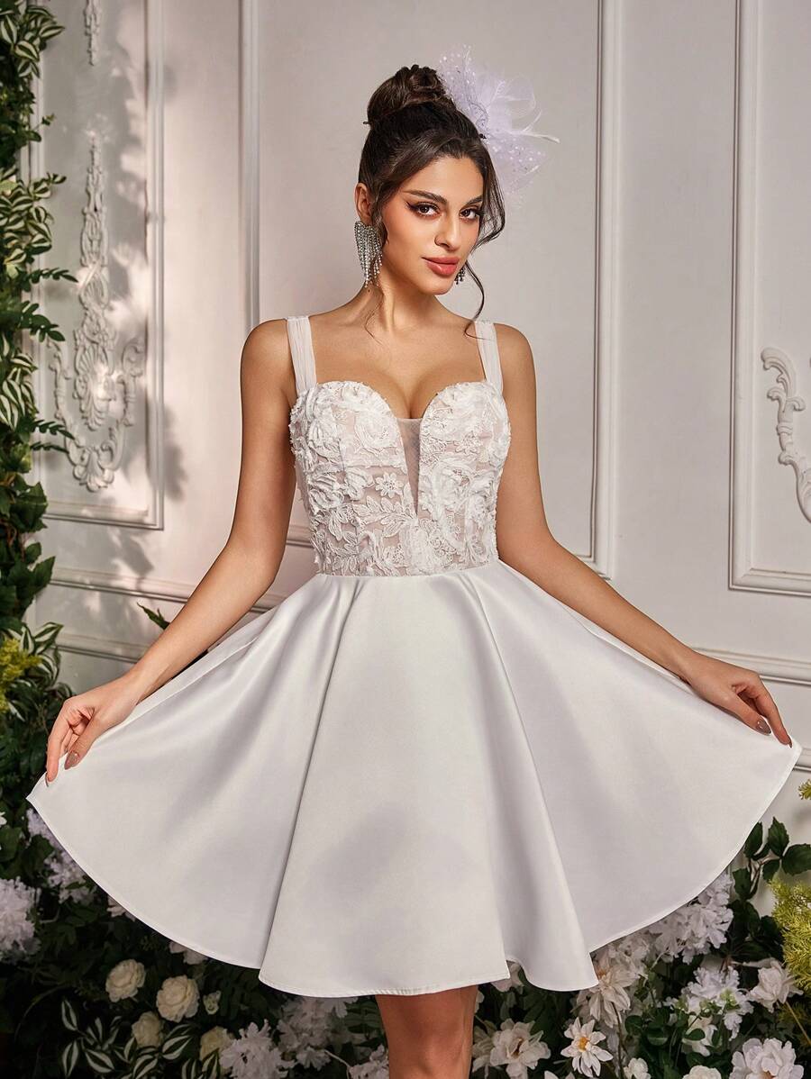 Lovelzi Elegant, Luxurious And Elegant White Lace Satin Straps Dress, Suitable For Festivals, Bachelorette Parties, Weddings, Graduations, Vacations, Bridal Shower Dresses, Little White Dress,Bride, For Valentine's Day - White - View 1