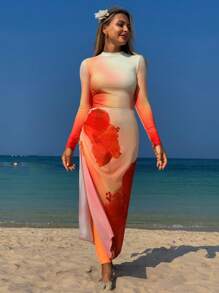 Swim Shayni 女士 3 件套泳衣套装，夏季度假扎染渐变印花长袖短款上衣、长袖短裤和花卉网布沙滩裙，保守的海滩度假装