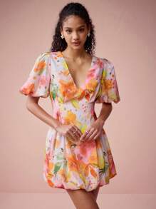 Enchnt Vestidos cortos de mujer con estampado floral, escote en V, mangas abultadas e imitación de lino, románticos y elegantes para el Día de San Valentín, vacaciones, citas dulces y uso diario - Naranja - Ver 4