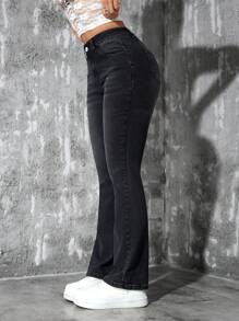 SHEIN PETITE Jeans casuales de pierna campana con lavado y ajuste slim