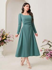 Modelyn Robe élégante à manches longues pour femmes avec col carré et taille cintrée, style vintage - Vert menthe - Voir 5