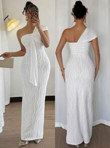 Rafferiza Đầm suông thanh lịch, rộng rãi, thắt nơ phía trước bất đối xứng - trắng - Xem 8
