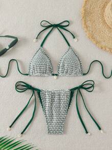 Summer New Arrival Women Double-Layer Two-Piece Bikini, Sexy Shell Design - Dark Green - View 1