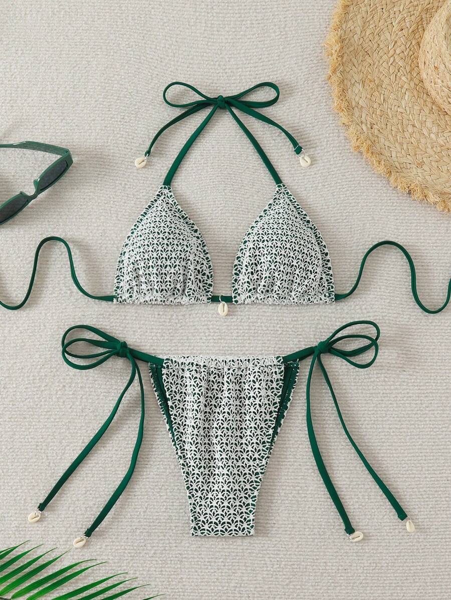 Summer New Arrival Women Double-Layer Two-Piece Bikini, Sexy Shell Design - Dark Green - View 1