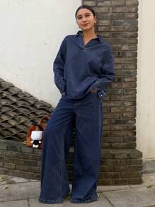 Livesso Ensemble 2 pièces Sweat-shirt en jean et pantalon pour femmes, vêtements d'automne