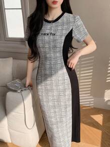 DAZY Women's Colorblock Plaid Round Neck Short Sleeve Dress - Black - View 5