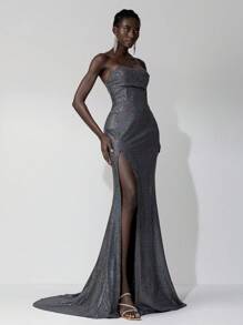 SHEIN Belle Elegant Black & Champagne Ombre Strapless Mermaid Tail High Slit Side Evening Gown With, Party Dress, Wedding Guest Dress, Formal Dress, Evening Dress - Silver - View 1