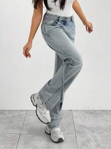 EURMUSE LOW WAIST LEG DETAILED STRAIGHT LEG JEAN - Light Wash - View 6