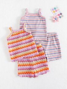 Cozy Pixies 4-Piece Set: Baby Girl Colorful Striped Knit Soft Camisole Top And Elastic Waist Shorts