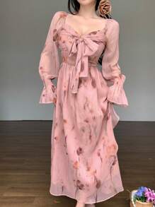 DAZY Đầm midi dáng ôm bằng chiffon in họa tiết hoa hồng, thắt eo xoắn, có bèo nhún, thích hợp cho nữ, kiểu dáng mùa thu, tay dài, trang phục đi nghỉ mát, lễ Phục sinh. - Hồng - Xem 3