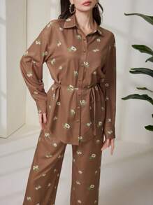 Mulvari 2 件套女士休闲长袖衬衫和裤子套装，简约风格，适合日常穿着 - 彩色 - 查看 3