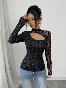 Elenzga 1st Dames Casual T-shirt met lange mouwen en kantsplitdetail