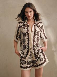 Anewsta Bohemian Style Women Solid Color Printed Casual Shirt, Summer, Elegant, Casual