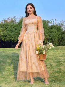 Modelyn Women's Tie Dye Print Sweetheart Collar Mesh Long Sleeve Elegant Mid-Length Dress Fall Cloth For Women