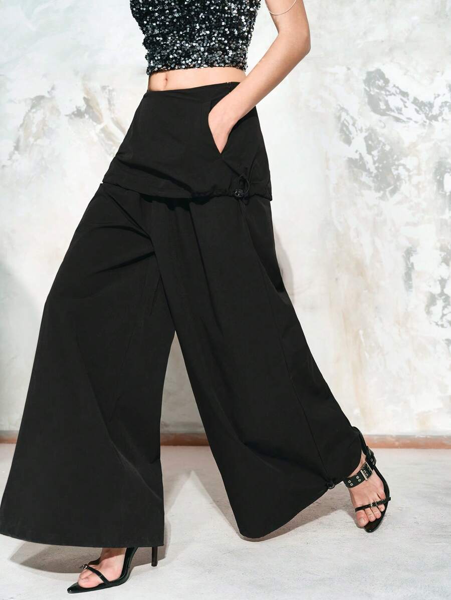 SHEIN LUNE Women's Loose Drawstring Pocket Wide Leg Casual Wraparound Pants Cargo Pants For Spring & Summer Fall Cloth For Women - Black - View 1