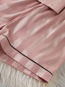 Elladie kids 2 件套青少年女孩经典条纹提花蝴蝶结刺绣领短袖短裤睡衣家居服 - 藕粉色 - 查看 5