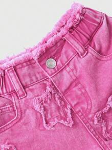 Girls Star Embroidered Distressed Light Pink Denim Shorts - Pink - View 3