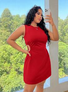 SHEIN EZwear Valentine's Day,Plus Red Knitted Hollow Out Sleeveless Waist Tie Dress - Red - View 3