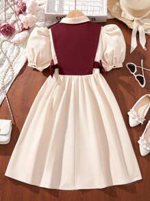SHEIN Vestido informal de manga corta con cuello y amarre lateral en contraste de color para niñas preadolescentes - Burdeos - Ver 2