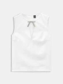 Maija 新款春夏白色金属蝴蝶结编织无袖衬衫，都市、现代、优雅，适合休闲、通勤、度假、节日、派对、婚礼、约会、音乐节，波西米亚 90 年代风格