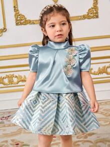 SHEIN 2 件套女婴套装：可爱领口贴花衬衫和提花裙 - 藍色 - 查看 6