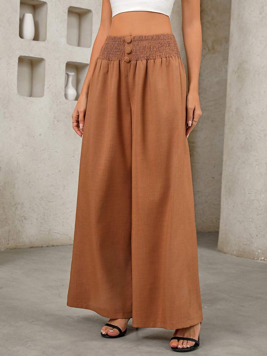SHEIN LUNE Quần ống rộng họa tiết màu trơn thanh lịch, đa năng, đi làm và giải trí, có dây rút ở eo dành cho nữ - màu nâu - Xem 1