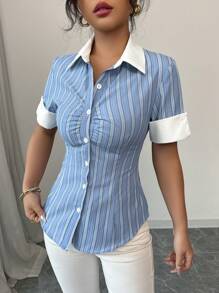 SHEIN Elenzya 女士优雅通勤风格短袖领腰合身前开撞色边饰条纹衬衫 - 藍色 - 查看 4