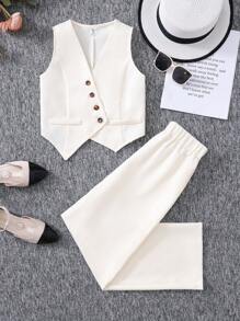 Firerie Kids Firerie Kids Nova Glow 少女休闲纯色无袖夏季纽扣不对称上衣和宽松铅笔裤两件套，米色，返校季，法式优雅，时尚通勤毕业季套装 - 米色 - 查看 3