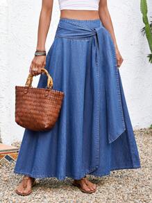 EMERY ROSE 女式牛仔裙休闲度假宽松长裙蓝色腰带蝴蝶结长裙休闲度假风春夏西服女节日裙波西米亚风牛仔女夏乡村 - 中等水洗藍 - 查看 6