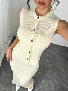 SHEIN Privé 女士春季优雅浪漫时尚通勤性感杏色羊毛背心 + 裙子两件套适合派对、度假、返校、浪漫约会和生日、婚礼季、毕业季、情人节、复活节 - 白色 - 查看 6