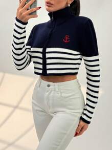 EURMUSE Women Stripe Pattern Anchor Embroidery Zipper Cardigan - Multicolor - View 6