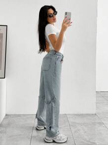 EURMUSE LOW WAIST LEG DETAILED STRAIGHT LEG JEAN - Light Wash - View 1