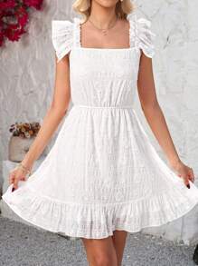 SHEIN Clasi 女式盖袖领口纹理腰部修身连衣裙 - 白色 - 查看 5
