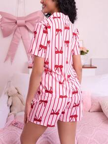 SweetSlumber 1 zestaw damski pasiasty kokardkowy dekoracyjny krótki rękaw guzik z przodu top i spodenki piżama set