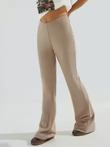 Athîral 女士纯色喇叭休闲裤，百搭，西式女装 - 卡其色 - 查看 2