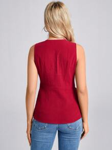 SHEIN LUNE Áo sơ mi Chaleco giản dị tối giản màu đỏ dành cho nữ - Đỏ - Xem 2