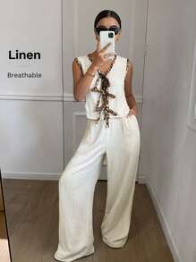 SHEIN Frenchy 2 件套女士纯色系带无袖上衣和长裤套装