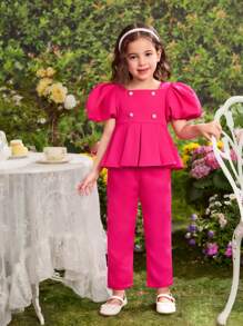 2 Pieces Set: Woven Solid Square Neck Puff Sleeve Blouse + Fitted Woven Long Pants, For Young Girl