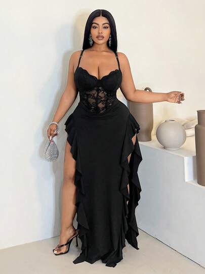 Maweii Plus Size Women's Spring/Summer New Year Black Lace Sexy Hollow Out Tie Front Avant-Garde French Casual Young Chic Fashion Elastic Knit Versatile Comfortable Undershirt Dress, Sexy Formal Dress, Sexy Social Event/Holiday Outfit, Black Bodysuit, Formal Dress, Young Elegant Sexy Patchwork Sexy Top, Sexy Social Event/Holiday Outfit, Black Top, Black Jumpsuit, Black Bodysuit, High-End Sheer Off-Shoulder Fitted Solid Color Undershirt