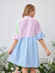 Teenage Girls' Colorblock Striped Patchwork Stand Collar Ruffle Sleeve Casual Dress