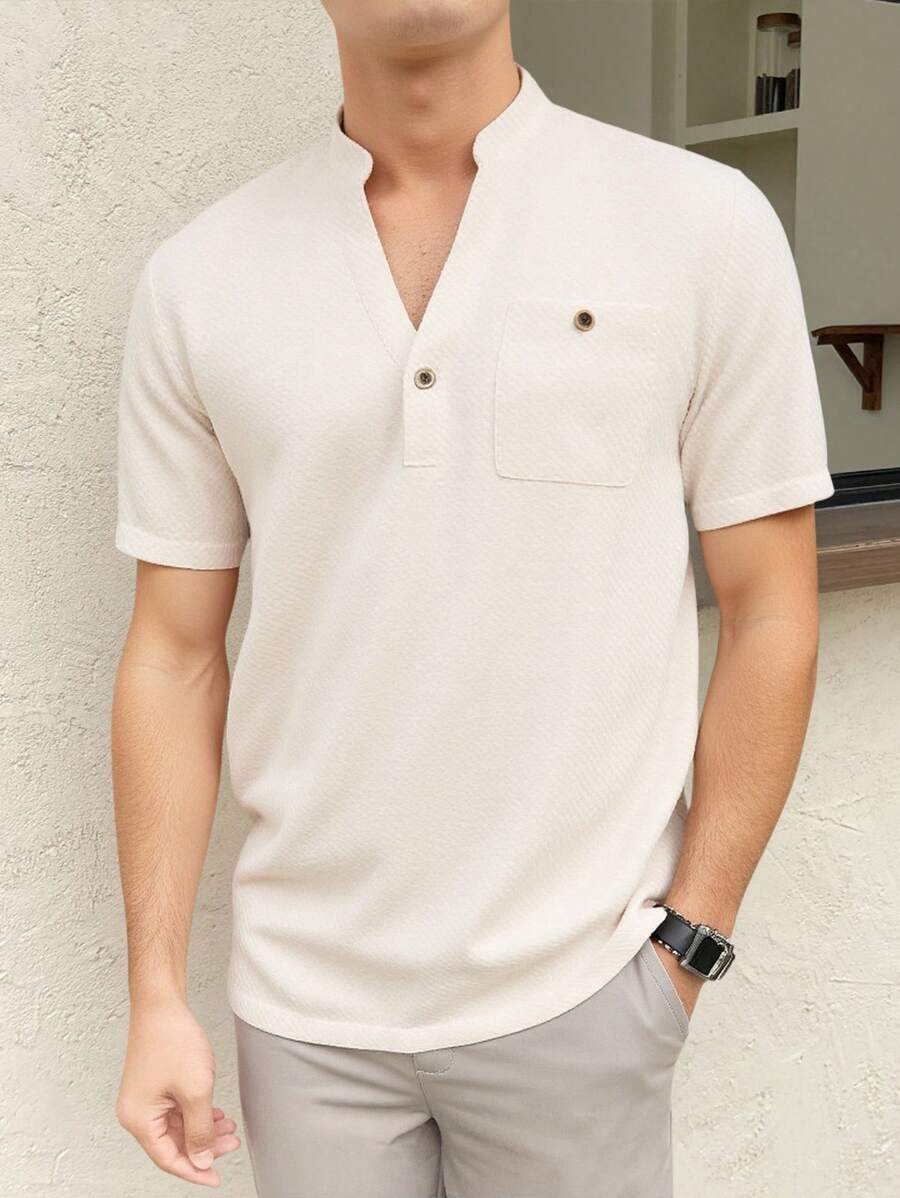 Manfinity VCAY 男士休闲宽松短袖半襟编织衬衫，时尚与日常穿着 - 杏色 - 查看 1